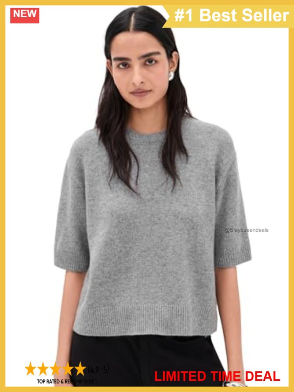 Cropped Cashmere Tee Relaxed Fit Crew Neck Elbow Sleeve Pullover Top